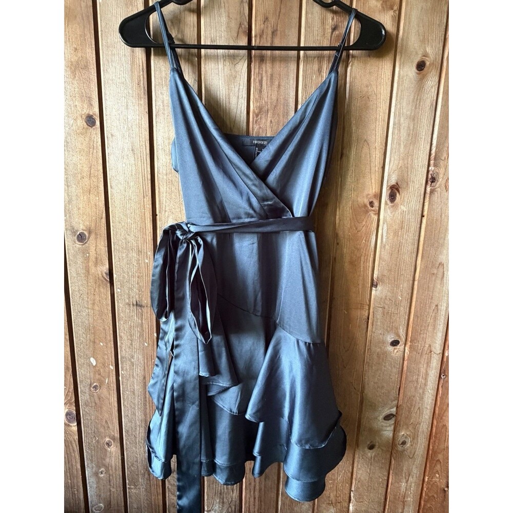 Forever 21 Blue Silky Mini Dress Size Small Ruffle Tie Waist Party